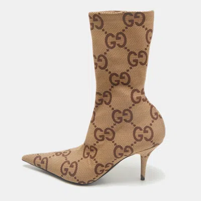 Pre-owned Gucci Beige Stretch Fabric Gg Ankle Length Boots Size 37 In Sand