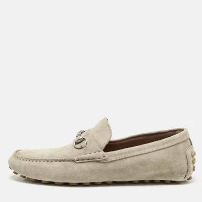 Pre-owned Gucci Beige Suede Horsebit Driver Loafers Size 45 In Sand