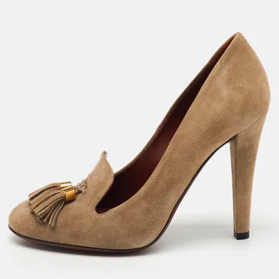 Pre-owned Gucci Beige Suede Mischa Tassel Moccasin Pumps Size 36