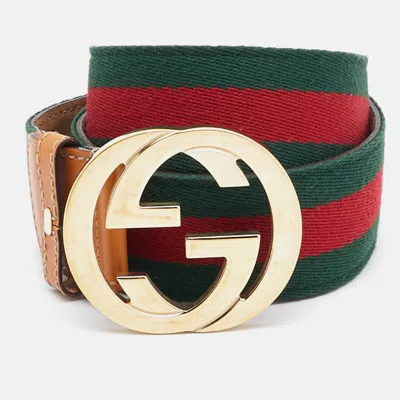 Pre-owned Gucci Beige Web Canvas And Leather Interlocking G Buckle Belt 90cm