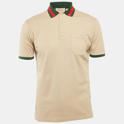 Pre-owned Gucci Beige Web Collar Cotton Piquet Polo T-shirt Xs