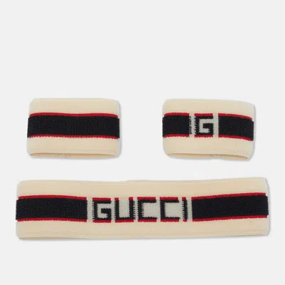 Pre-owned Gucci Beige Web Striped Terry Headband And Wristbands Set M
