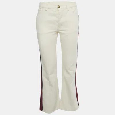 Pre-owned Gucci Beige Web Trim Denim Hypnotism Jeans S/waist 28" In White