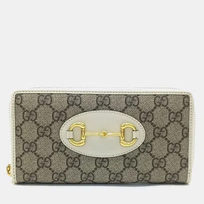 Pre-owned Gucci Beige White Canvas Horsebit Long Wallet In Sand