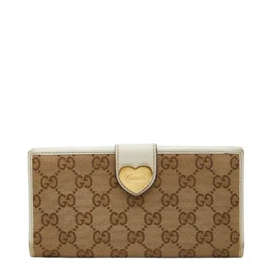 Pre-owned Gucci Beige White Canvas Leather Long Wallet (bi-fold) () In Multi