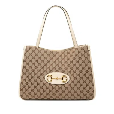 Pre-owned Gucci Beige White Canvas Leather Shoulder Bag Tote Bag () In Multi