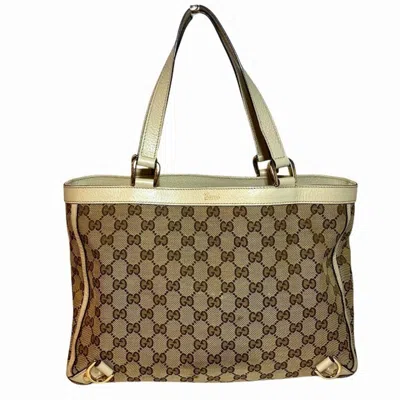 Pre-owned Gucci Beige White Canvas Leather Tote Bag ()