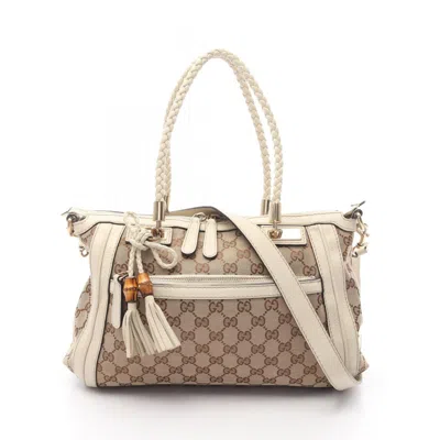 Pre-owned Gucci Beige White Canvas Leather Tote Bag () In Multi