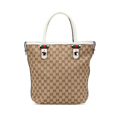 Pre-owned Gucci Beige White Canvas Leather Tote Bag () In Multi