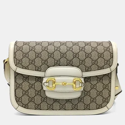 Pre-owned Gucci Beige White Coated Canvas 1955 Horsebit Shoulder Bag In Sand