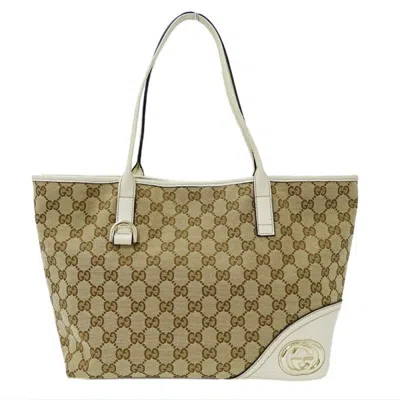 Pre-owned Gucci Beige White Gg Canvas Leather Tote Bag ()
