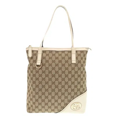 Pre-owned Gucci Beige White Gg Canvas Leather Tote Bag ()