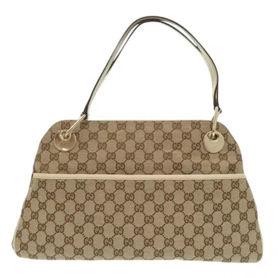 Pre-owned Gucci Beige White Gg Canvas Leather Tote Bag () In Beige, White
