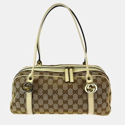 Pre-owned Gucci Beige White Gg Twins Tote Bag In Sand