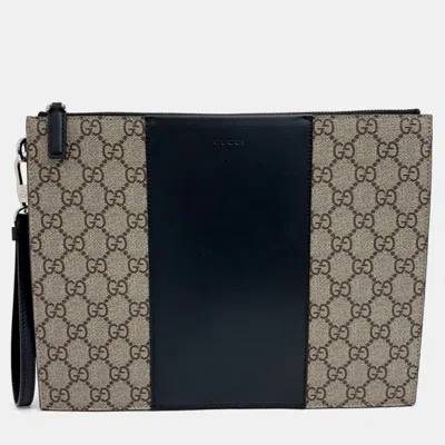 Pre-owned Gucci Beige/black Canvas Gg Supreme Clutch In Sand
