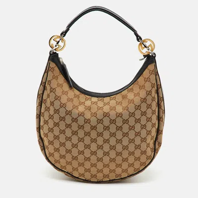 Pre-owned Gucci Beige/black Gg Canvas And Leather Gg Twins Medium Hobo In Sand