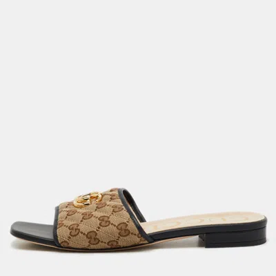 Pre-owned Gucci Beige/black Gg Matelassé Canvas Flat Slide Sandals Size 40.5
