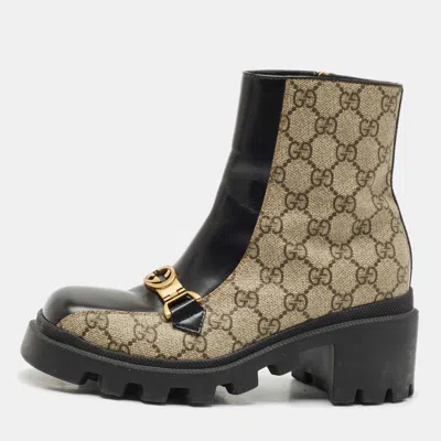 Pre-owned Gucci Beige/black Gg Supreme Canvas And Leather Interlocking G Ankle Boots Size 36.5
