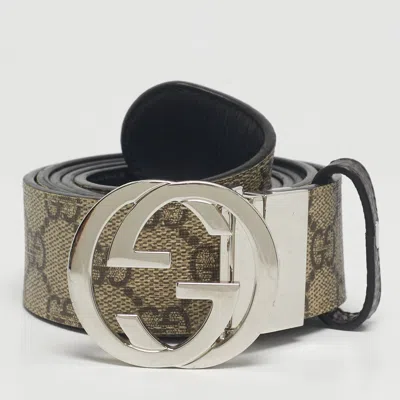 Pre-owned Gucci Beige/black Gg Supreme Canvas And Leather Interlocking G Belt 110cm In Sand