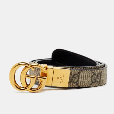 Pre-owned Gucci Beige/black Gg Supreme Canvas And Leather Marmont Thin Reversible Belt 80cm In Sand