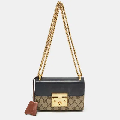 Pre-owned Gucci Beige/black Gg Supreme Canvas And Leather Small Padlock Shoulder Bag