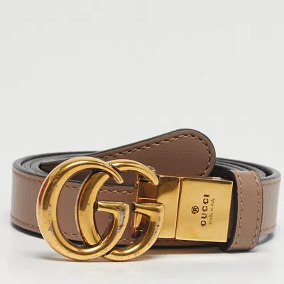 Pre-owned Gucci Beige/black Leather Gg Marmont Slim Belt 90cm In Sand