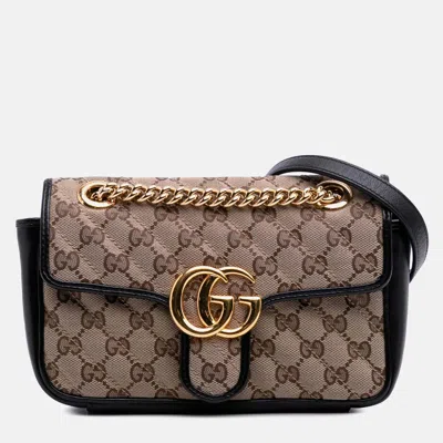 Pre-owned Gucci Beige/black Mini Gg Marmont Matelasse Canvas Flap Crossbody In Sand