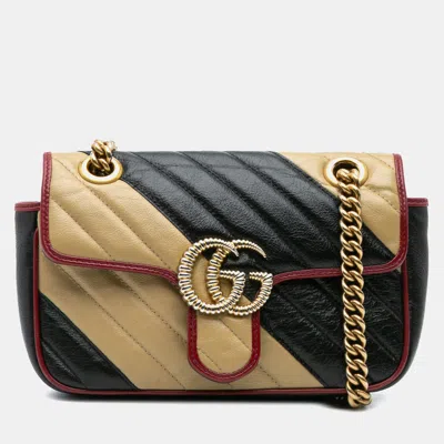 Pre-owned Gucci Beige/black Mini Gg Marmont Matelasse Leather Torchon Flap Crossbody In Sand