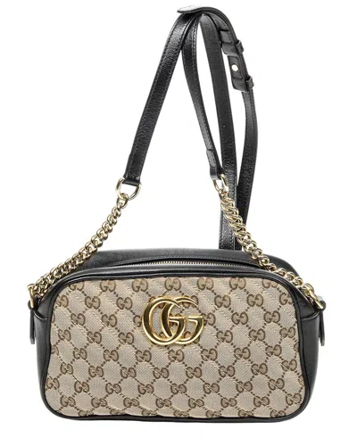 Gucci Beige/black Monogrammed Canvas Small Gg Marmont Chain Crossbody (authentic Pre-loved)