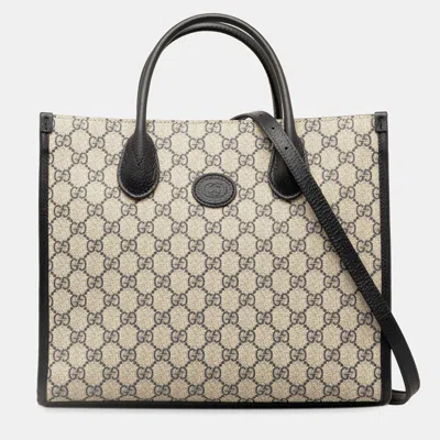 Pre-owned Gucci Beige/black Small Gg Supreme Interlocking G Tote In Sand