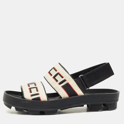 Pre-owned Gucci Beige/black Stripe Logo Nylon And Leather Flat Sandals Size 40