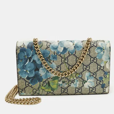 Pre-owned Gucci Beige/blue Blooms Gg Supreme Canvas Wallet On Chain In Sand