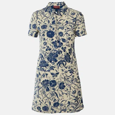 Pre-owned Gucci Beige/blue Floral Cotton Bouclé Jacquard Mini Dress S In Sand