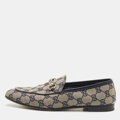 Pre-owned Gucci Beige/blue Gg Canvas And Leather Jordaan Horsebit Loafers Size 37