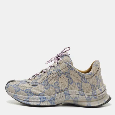 Pre-owned Gucci Beige/blue Gg Printed Leather Run Sneakers Size 41.5
