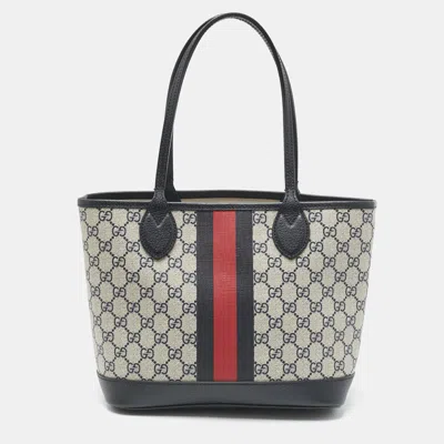 Pre-owned Gucci Beige/blue Gg Supreme Canvas And Leather Small Ophidia Tote In Sand