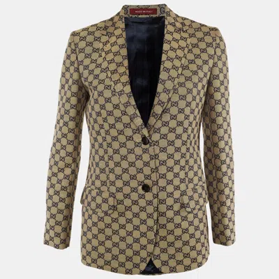 Pre-owned Gucci Beige/blue Gg Supreme Linen Blend Tailored Jacket S In Sand