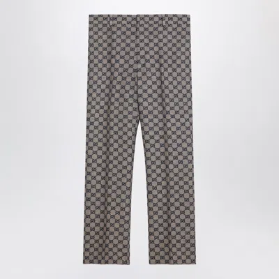 Gucci Beige/blue Linen Blend Trousers With Gg Pattern Women In White