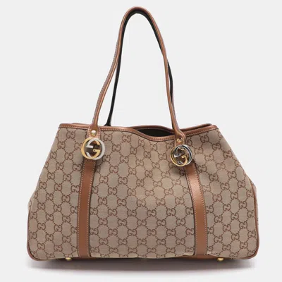 Pre-owned Gucci Beige/bronze Gg Canvas And Leather Gg Twin Tote In Sand