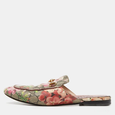 Pre-owned Gucci Beige/brown Blooms Print Gg Supreme Canvas Princetown Flat Mules Size 40