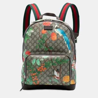 Pre-owned Gucci Beige/brown Calf Leather Coated Canvas Gg Supreme Tian Backpack In Sand