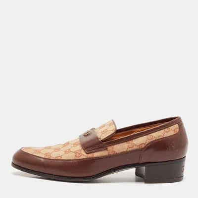 Pre-owned Gucci Beige/brown Canvas And Leather Gg Slip On Loafers Size 43