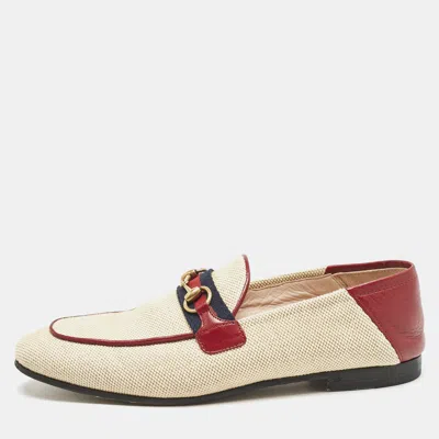 Pre-owned Gucci Beige/brown Canvas And Leather Horsebit Brixton Loafers Size 37.5