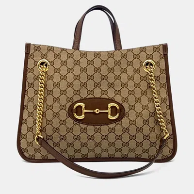 Pre-owned Gucci Beige/brown Coated Canvas 1955 Horsebit Medium Tote Bag In Sand