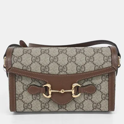Pre-owned Gucci Beige/brown Coated Canvas Horsebit 1955 Mini Bag In Sand