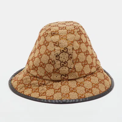 Pre-owned Gucci Beige/brown Crystal Gg Canvas Bucket Hat S