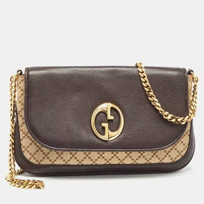 Pre-owned Gucci Beige/brown Diamante Canvas And Leather Gg Chain Shoulder Bag