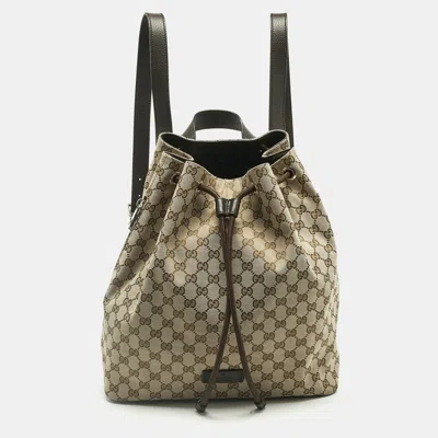 Pre-owned Gucci Beige/brown Gg Canvas And Leather Drawstring Backpack In Sand