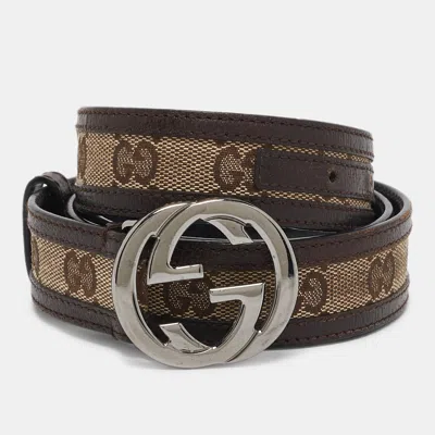 Pre-owned Gucci Beige/brown Gg Canvas And Leather Interlocking G Buckle Belt 85 Cm
