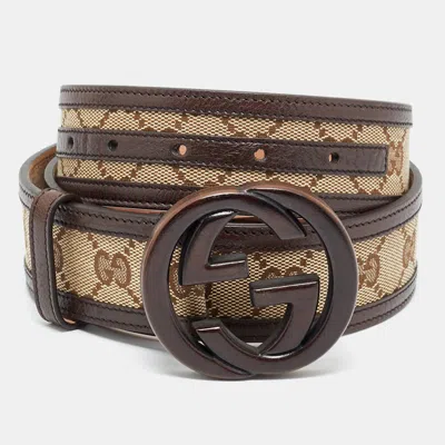 Pre-owned Gucci Beige/brown Gg Canvas And Leather Interlocking G Buckle Belt 85cm In Sand